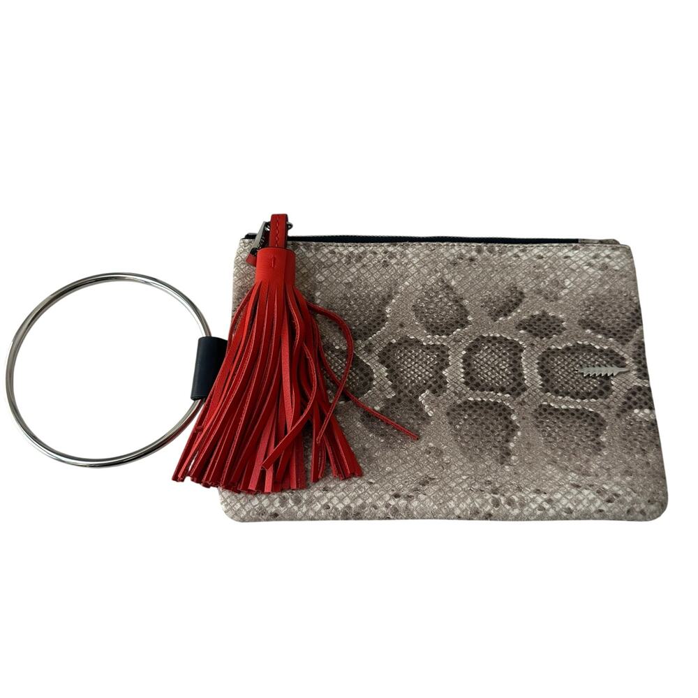 Thacker Nolita Snake Embossed Leather Ring Handle Wristlet Tassel Pouch Clutch